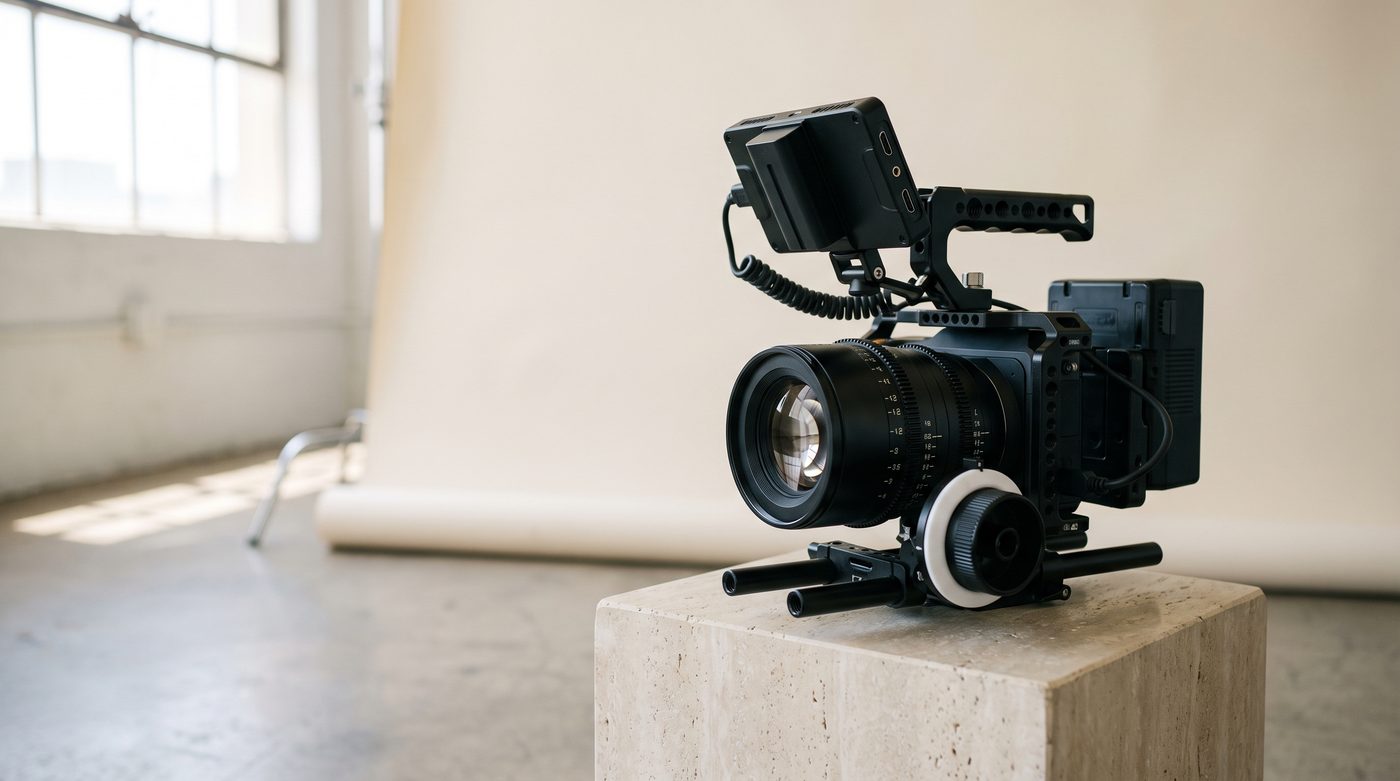 A cinema camera rig on a travertine block in a daylight studio